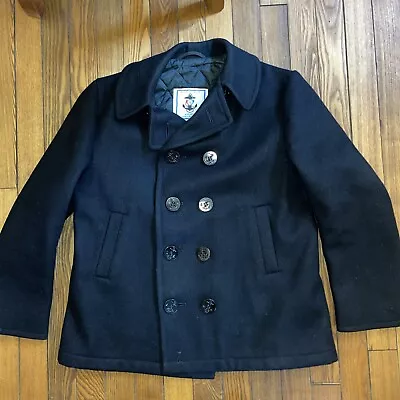 STERLINGWEAR OF BOSTON  USA HEAVY WOOL NAVY PEA COAT BLACK 38S Check Measurement • $69.99