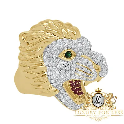 $129.99 • Buy Mens Real Yellow Gold Sterling Silver Simulated  Lion Wolf Head Ring Band