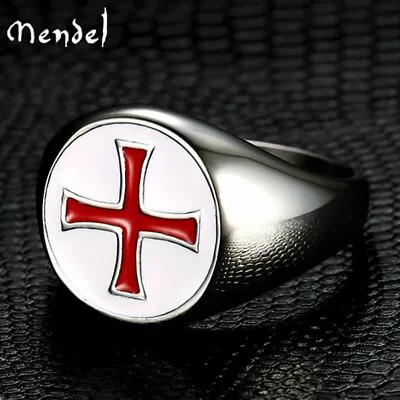 MENDEL Mens Knights Templar Crusader Red Cross Ring Masonic Stainless Steel Band • $11.99