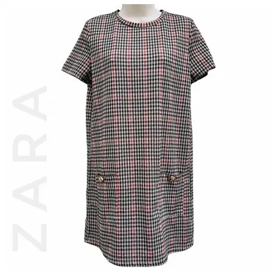 ZARA Plaid Shirt Mini Dress Gold Big Buttons Front Check 50s 60s Houndstooth • $35