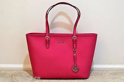 NWT MICHAEL Michael Kors Jet Set Travel Leather Top-Zip Tote In Raspbery • $238