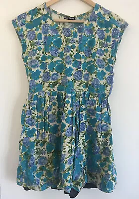 Vintage 1950's Style Blue Floral Mini Dress Short Cap Sleeve Size Small • $15