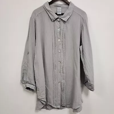 Match Point Womens Pleated Linen Button Up Tunic Size XL Gray Lagenlook Roll Tab • $29.88