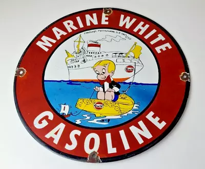 Vintage Marine White Gasoline Sign - Richie Rich Porcelain Auto Gas Pump Sign • $142.47
