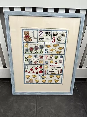 Finished Cross Stitch Number Sampler Framed Picture Floral Nursery Baby Blue • £39