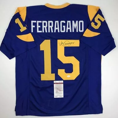 Autographed/Signed VINCE FERRAGAMO Los Angeles LA Blue Football Jersey JSA COA • $104.99