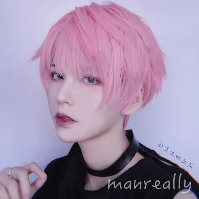 Daily Fluffy Men Short Hair Cosplay Kawaii Boys Full Wig Pink Hairpiece Gift • $30.88