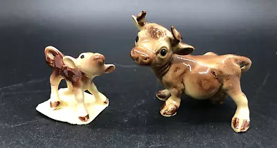 Vintage Hagen Renaker Miniature Brown Jersey Cartoony Cow And Calf Figurines • $25