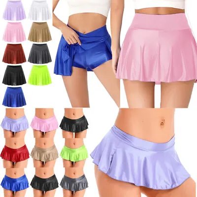 Women's Solid Flared Skirt Sexy A-Line Latex Party School Mini Skirts Clubwear • $9.39