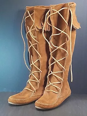 Minnetonka -LIKE KNEW Knee High Moccasin Boots - Lace Up - Brown Suede - Size 6 • $65