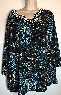 R Q T Womens Plus Size 3x Top Multi Teal/black Print Beaded Neckline  • $6.99