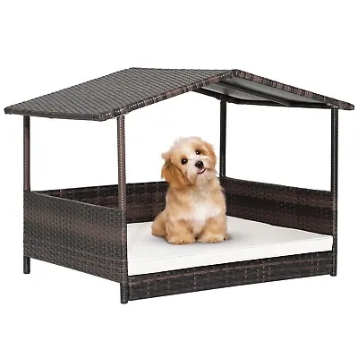 £84.59 • Buy Wicker Dog House Raised PE Rattan Dog Bed W/ Cushion  Indoor Outdoor Pet House