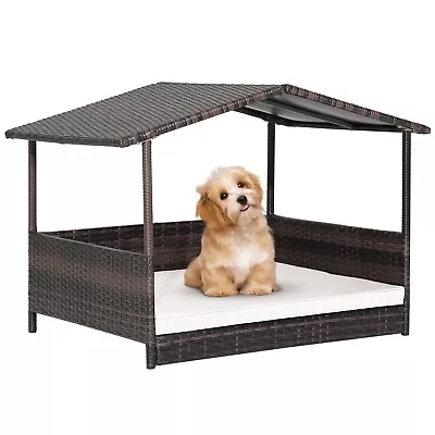 £84.59 • Buy Wicker Dog House Raised PE Rattan Dog Bed W/ Cushion  Indoor Outdoor Pet House