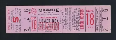 Vintage 1960 Philadelphia Phillies @ Milwaukee Braves Full Ticket - Sept 18 • $29