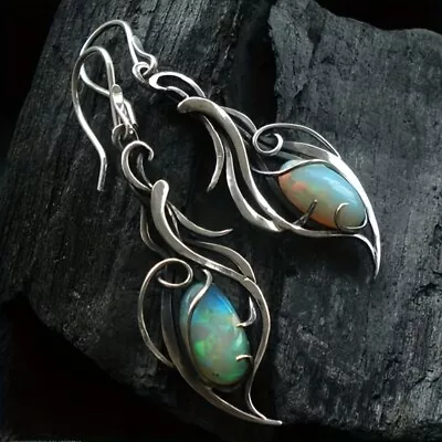 Vintage Irregular Oval Opal Decor Dangle Earrings Boho Elegant Silvery Jewelry • $1.80