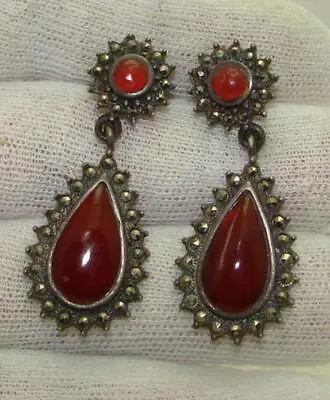 Vintage Tear Drop Cabochon Carnelian Marcasite Dangle Drop Pierced Earrings • $49.99