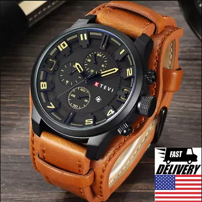 Men Military Quartz Watch Large Dial Casual Leather Strap Mens Wristwatch • $7.49