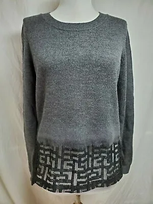 Milly Sweater Sz S Solid Gray Sheer Black Lace 100% Wool Scoop Neck Unique Mesh • $24.95