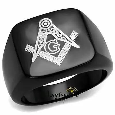 Men's Stainless Steel Black Ion Plated Masonic Lodge Freemason Ring Band Sz 8-13 • $21.87