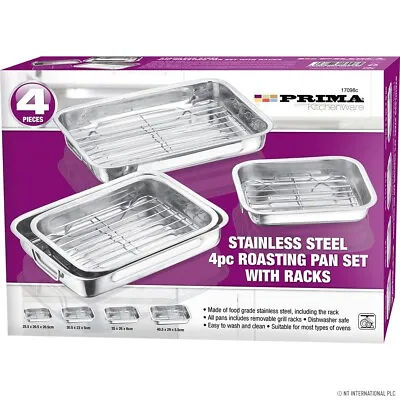 £18.99 • Buy 4pc Stainless Steel Roasting Oven Pan Rack Dish Roaster Baking Tin Grill Tray