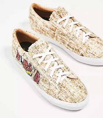 New Zara Women Fabric Plimsolls Pink Tweed Sequins Banana Shoes Sneakers SZ 5 • $45