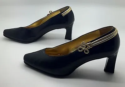 RODO Black Leather Classic Gold Military Nautical Detail Heels 35.5 5.5M Italy • $79.99