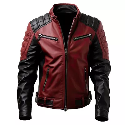 Men’s Maroon Black Genuine Sheepskin Stand Biker Lightweight Moto Leather Jacket • $160