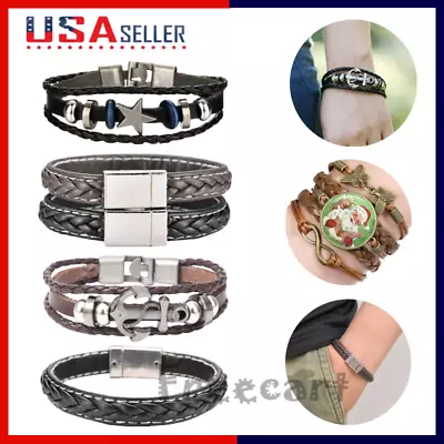 Multilayer Leather Bracelet Braided Men’s Women’s Wristband Bangle Jewelry Steel • $3.74