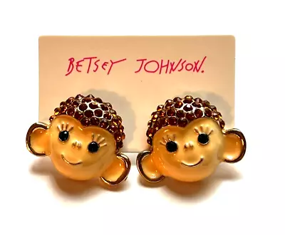 Betsey Johnson Gold Tone Rhinestone White Enamel Monkey Head Stud Earrings • $22.95