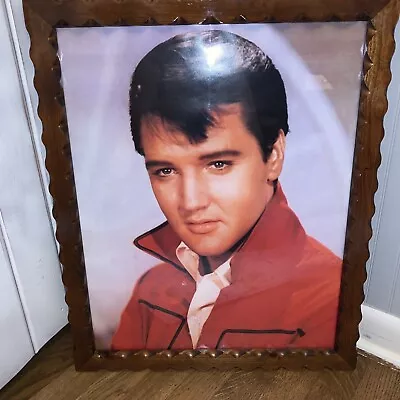 Vintage Elvis Presley Colored Picture On Lacquered Wood Frame Large 22”x 18” • $25