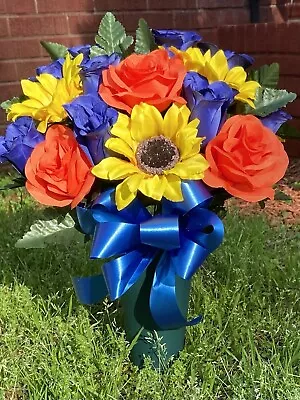 Cemetery Vase Memorial Silk Flower Arrangement Blue Sunflower & Orange • $35