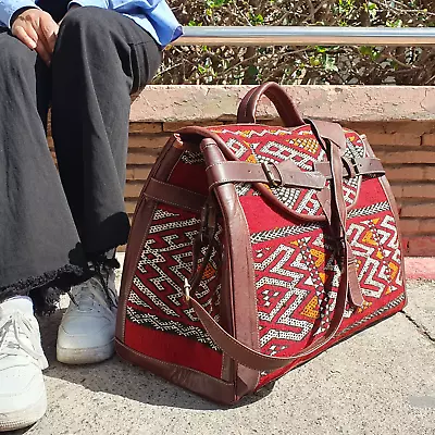 Moroccan Dark Brown Leather Weekender Bag Made Of Handmade Antique Carpet • $159.99