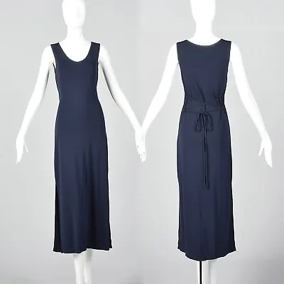 M 1990s Mary McFadden Sleeveless Knit Maxi Dress Tie Back Waist Navy Blue 90s • $180