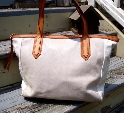 FOSSIL Leather Tote Sydney Handbag Satchel Hobo Boho Bone White Brown Gold Large • $59.99