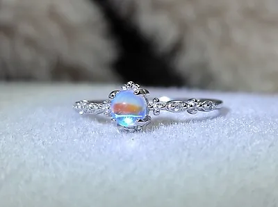 Dainty Moonstone Sterling Silver Engagement Promise Vintage Ring Diamond Cluster • $110