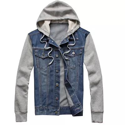 Mens Denim Jacket Mid Blue Wash Pullover Hoodie Sweatshirt Jumper CZ • £22.99