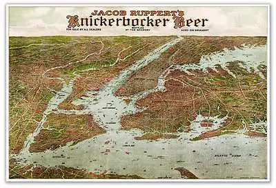 Knickerbocker Beer Ad Wall MAP Greater New York City Manhattan Bronx Circa 1912 • $24.97