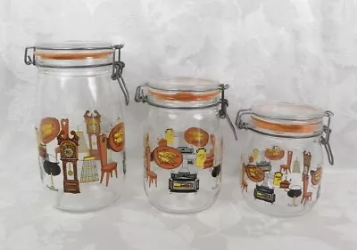 3 Vtg Arcoroc France Glass Canister Jars Colonial Kitchen Wire Bale Closure • $19.99