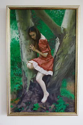 Original Framed Oil Painting Female Girl Portrait Brunette Woman Treehugger Art • £600