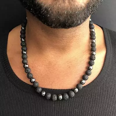 Hematite Necklace Mens Beaded Necklace For Him Black Lava Stone Necklace Jewelry • $4.99