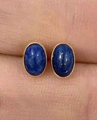 Solid 14k Gold Classic Lapis Lazuli Oval Cabochon Stud Earrings • $75