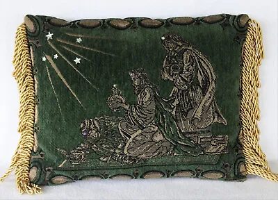 $20.90 • Buy Vtg Christmas Throw Pillow Velvet Tapestry Wise Men Green Jewel Accents Fringe