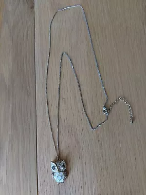 Rhinestone Owl Pendant Long Silver Tone Chain Necklace • £1.99