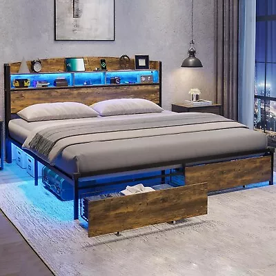 King Size Bed Frame With LED Light Headboard&Charging Station Metal Platform Bed • $215.97