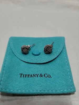 $150 • Buy  Tiffany & Co. Silver Twist Love Knot Woven Mesh Stud Earrings With Gift Pouch 