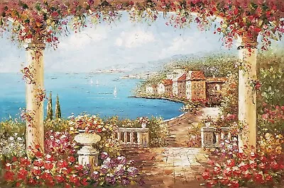 Mediterranean Terrace  #4C-1  24x36- 100% Hand Painted Oil Painting On Canvas • $59.99