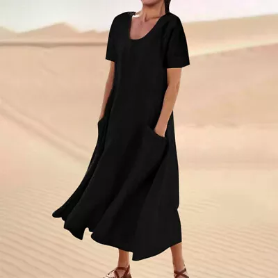 Ladies Maxi Dresses Scoop Neck Long Dress Women Loose Short Sleeve Holiday • $32.22