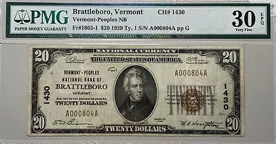 1929 $20 National Vermont- Peoples NB Of Brattleboro FR 1802-1 CH# 1430 PMG 30 • $288