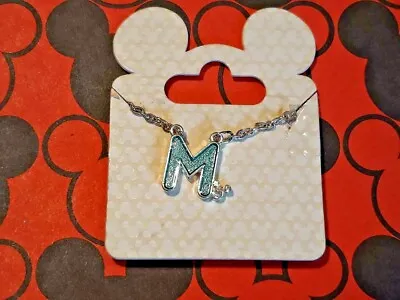 Disney Mickey Mouse Silver Tone Signed Disney M Initial Green Pendant Necklace  • $9.99