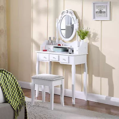 White Dressing Table With Mirror 5 Drawers Stool Moderen Makeup Desk Bedroom • £74.99